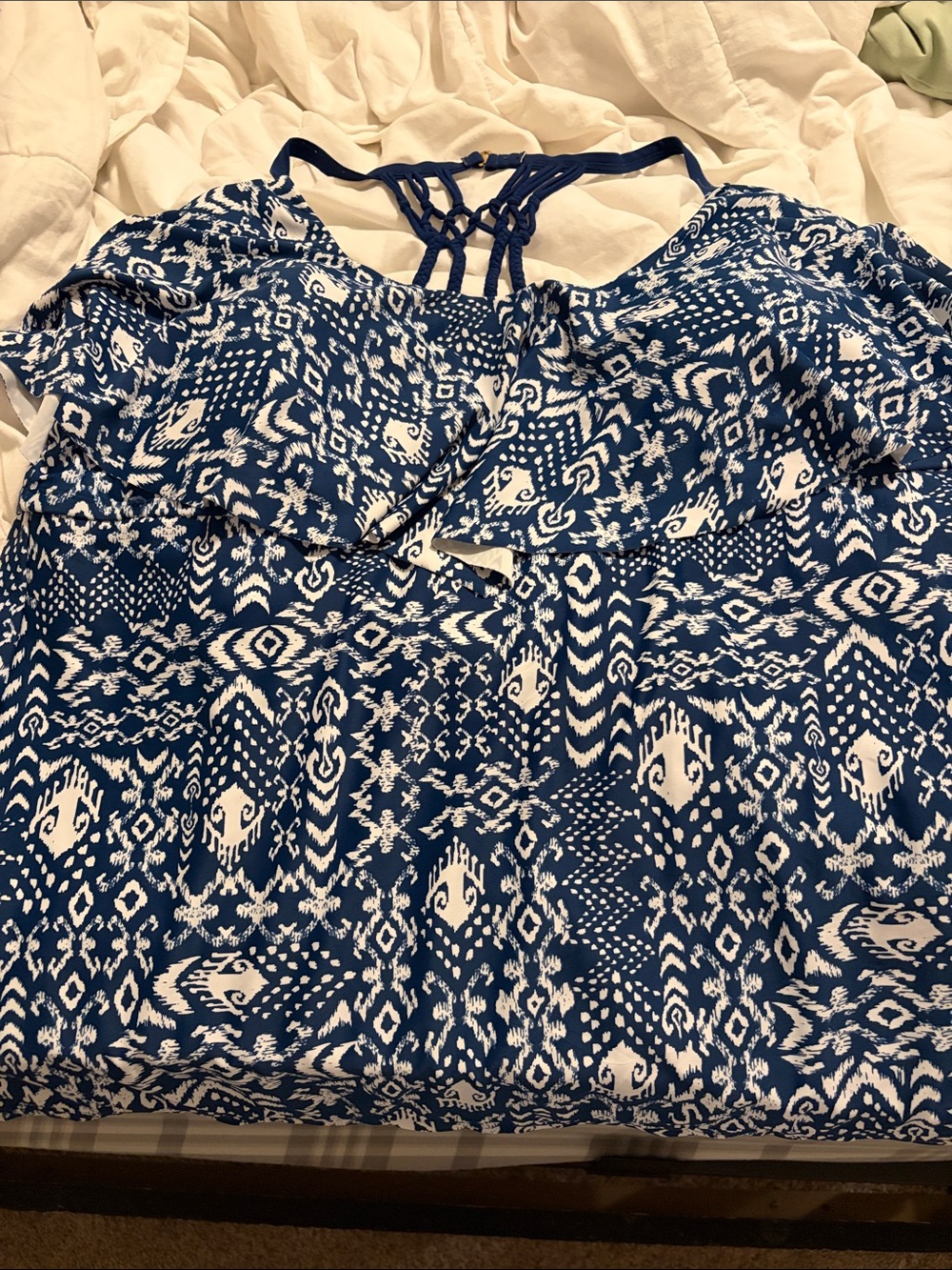 Catalina Blue and White Printed Swim Tank Top with Braided Back